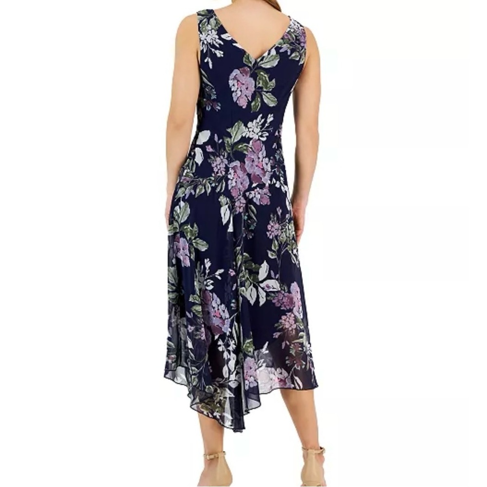 NEW Connected Apparel Navy Purple Floral V-Neck Midi Dress Size 12 - Picture 2 of 9